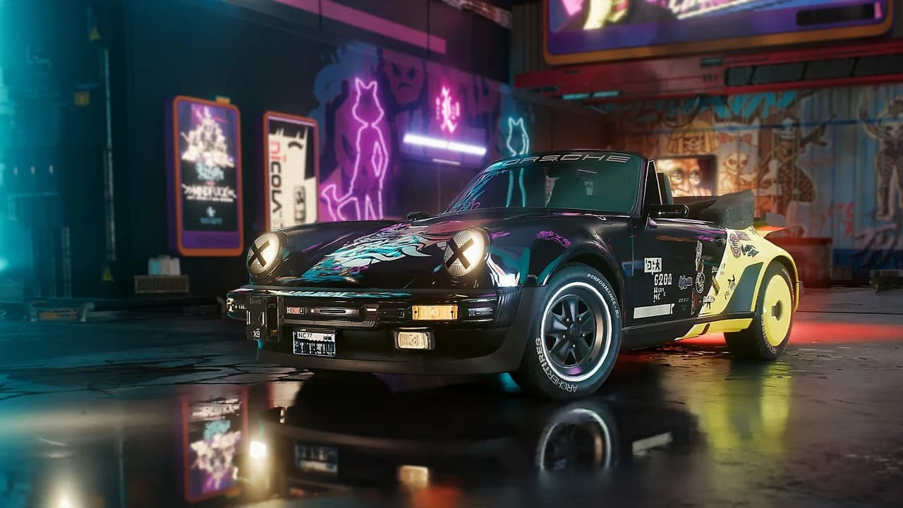 A Porsche convertible on a neon-lit Night City street in Cyberpunk 2077