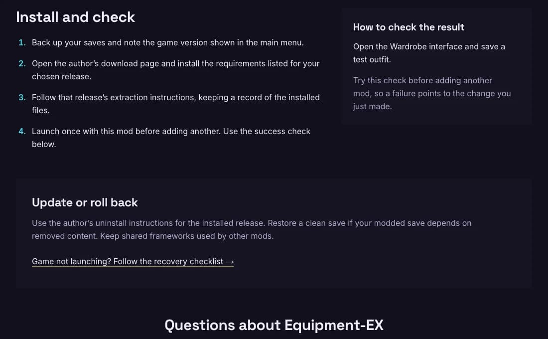 Equipment-EX installation instructions beside the practical check to open the Wardrobe interface and save an outfit.